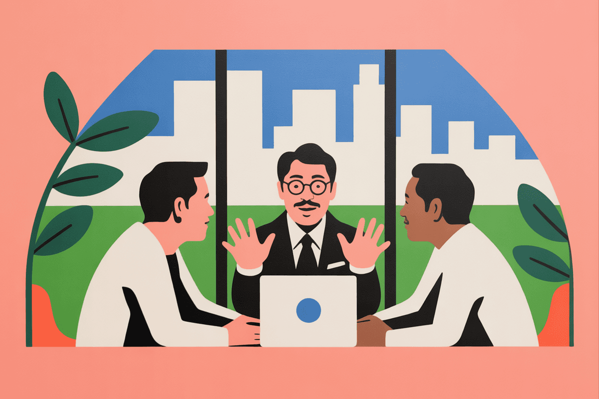 Product manager presenting to engaged team around conference table in bright modern office