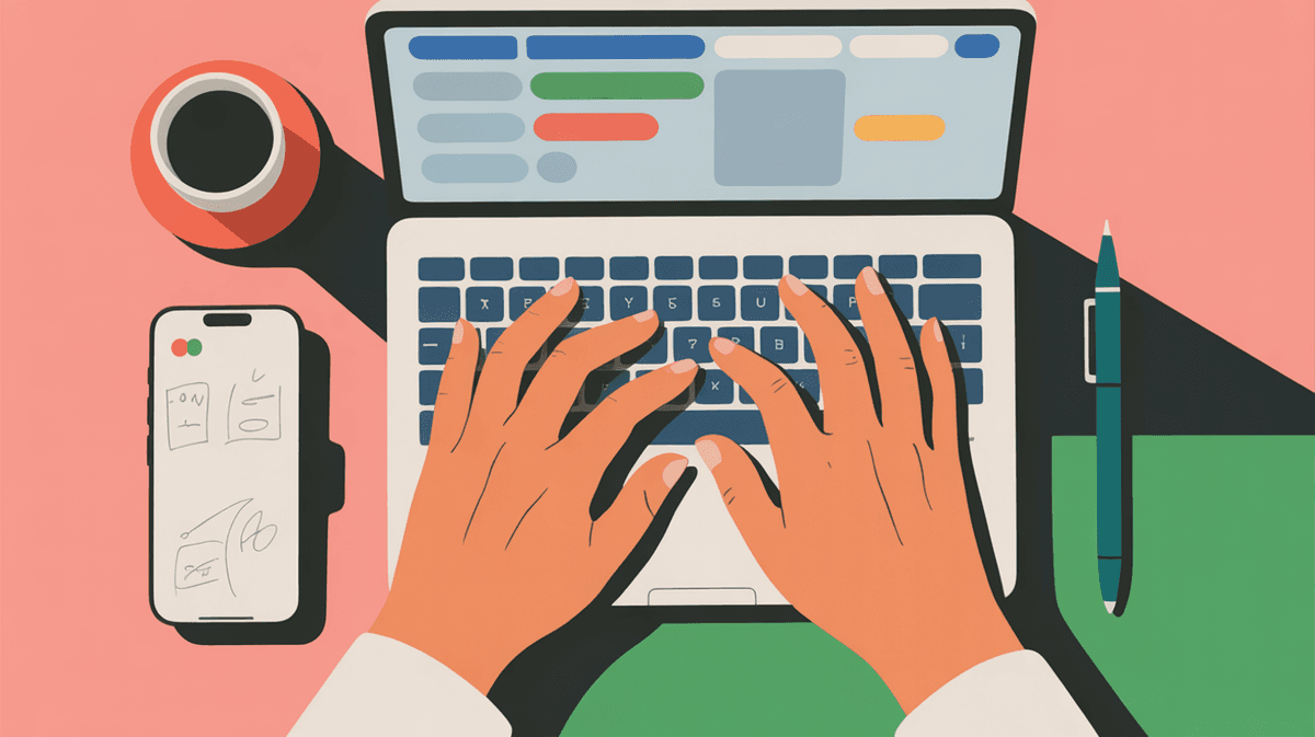 Close-up of hands working on laptop with smartphone and coffee in minimal workspace setup