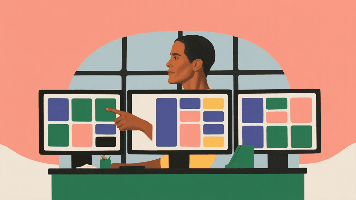UX designer at standing desk with multiple monitors reviewing progressive interface designs