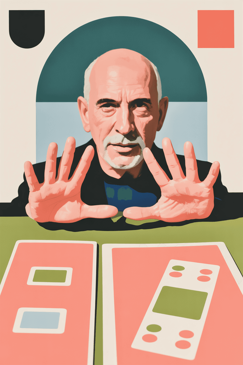 Close-up of experienced professional's hands gesturing during explanation with design documents visible in foreground
