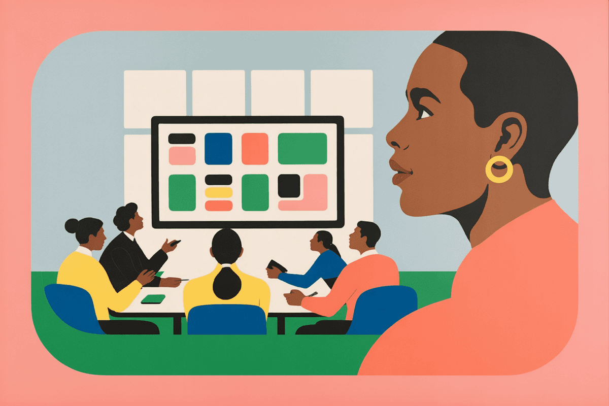 Design team collaborating in bright conference room as presenter shows interface concepts on screen