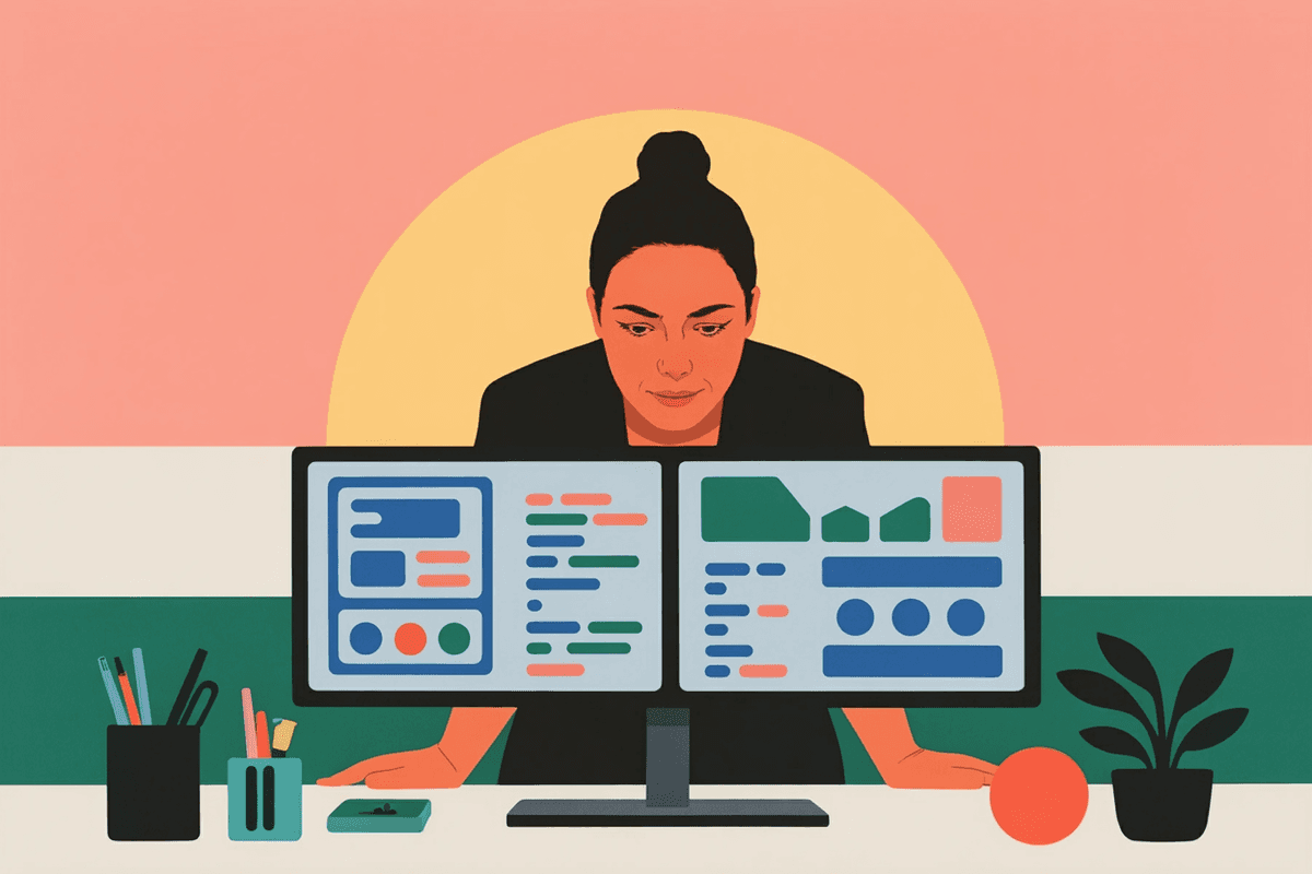 Professional woman working at standing desk reviewing interface designs on dual monitors in naturally lit modern office