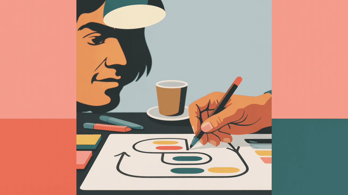 Close-up of designer's hands sketching a user journey map on paper with colorful sticky notes and markers nearby