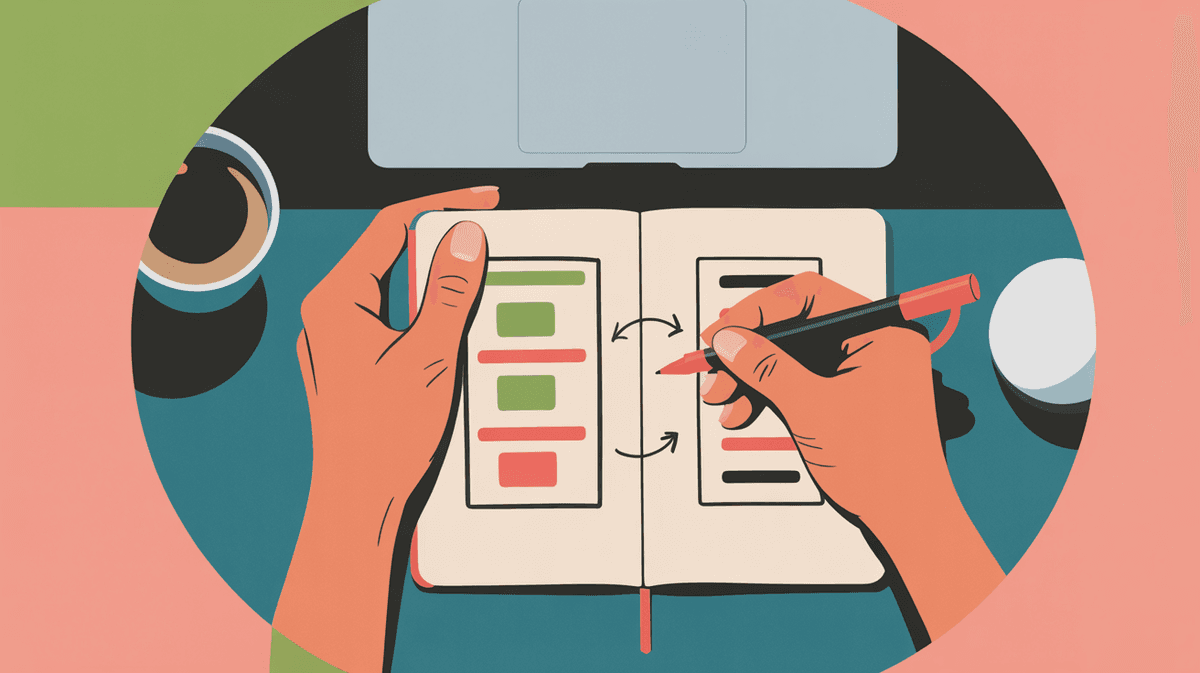 Designer's hands sketching user experience flow diagrams with pen on paper at desk workspace