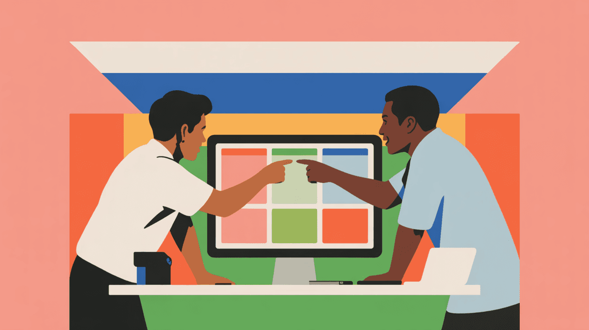 Designer and developer collaborating at standing desk workspace reviewing interface together