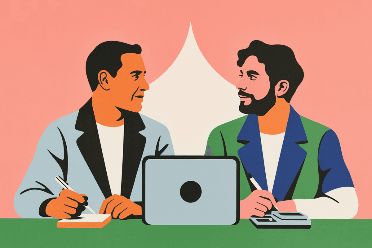 Product designer conducting user research interview with professional in modern workspace setting