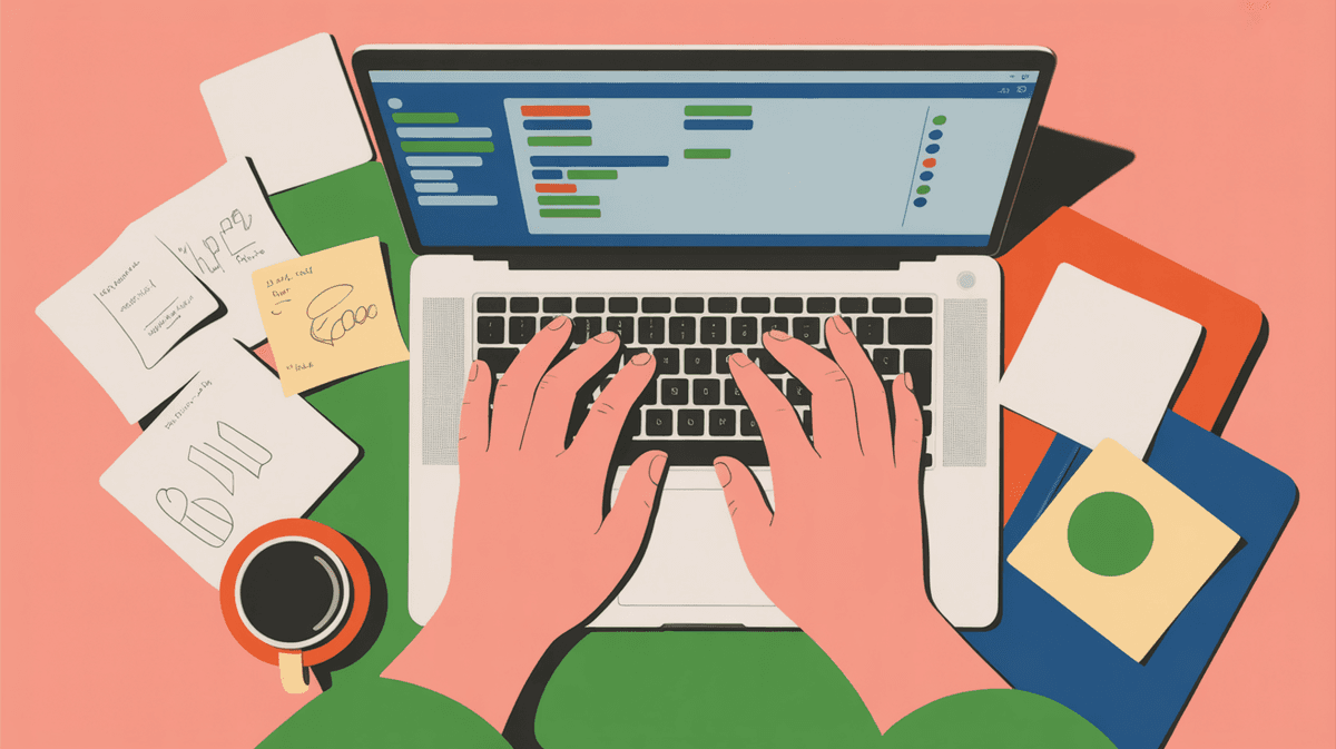 Overhead view of developer's hands typing on laptop with sticky notes and coffee on desk