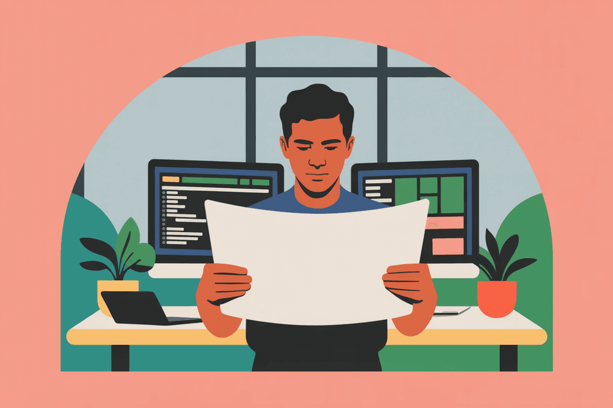 Professional reviewing technical documentation at standing desk with multiple monitors