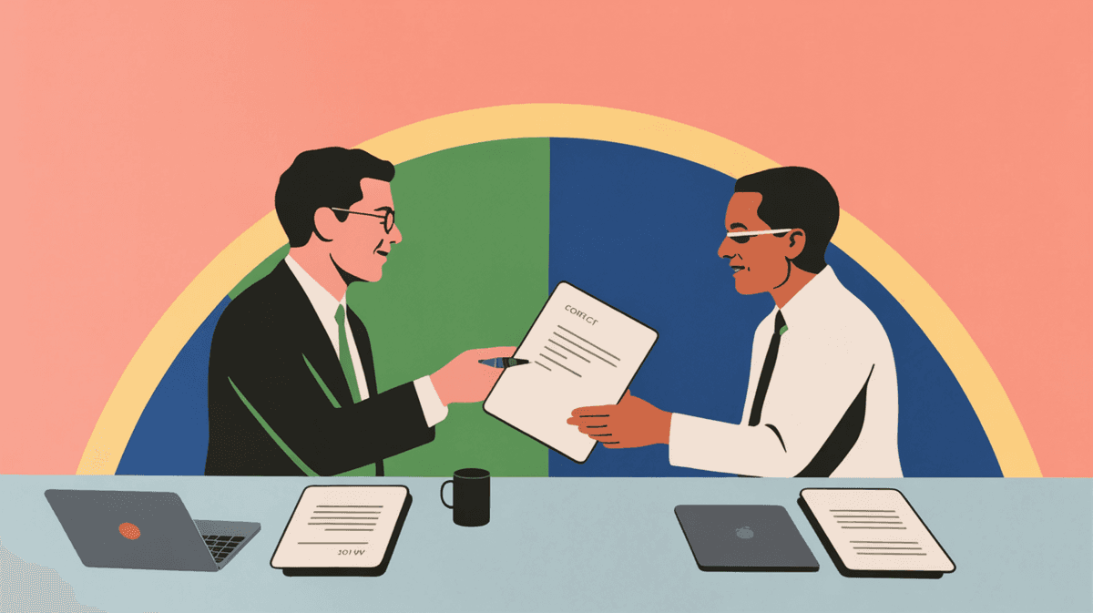 Two professionals collaboratively reviewing contract documents in a bright modern office space