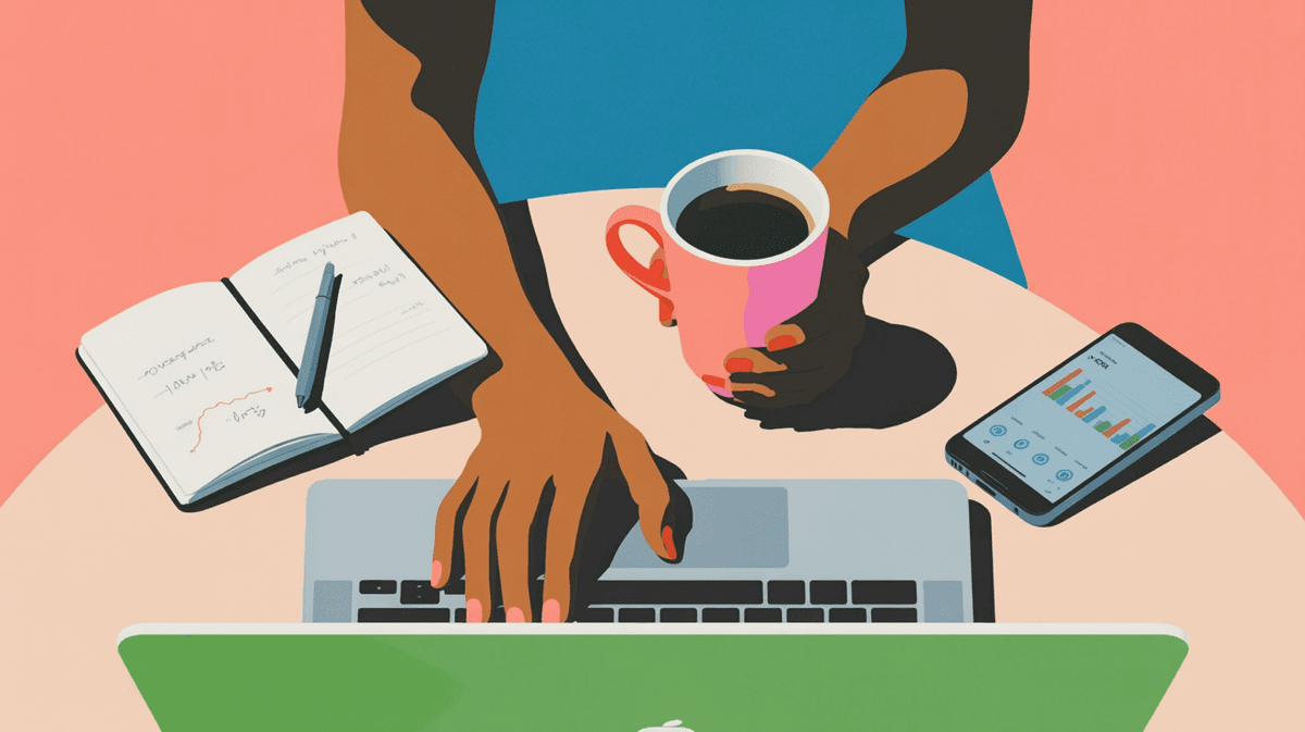 Overhead view of hands typing on laptop with coffee and notes, showing focused early-stage product work