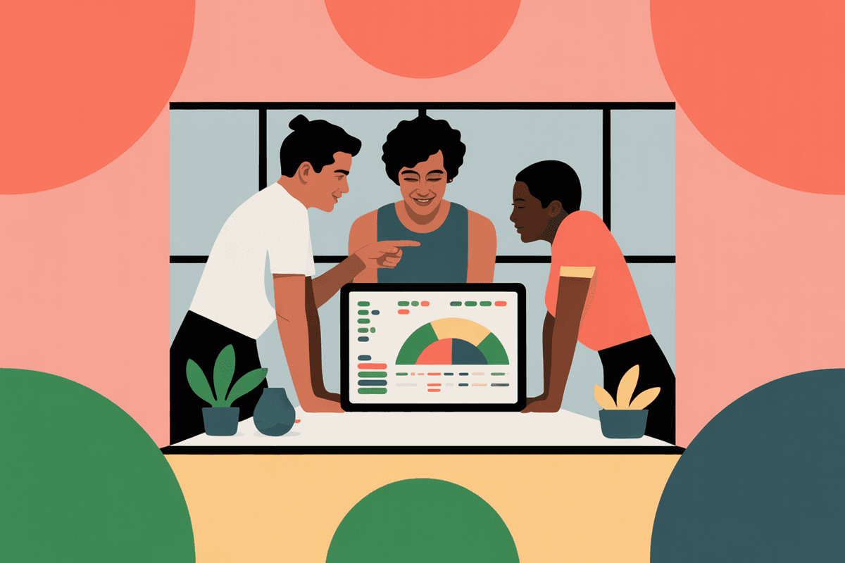 Team of three professionals collaborating around laptop in modern coworking space