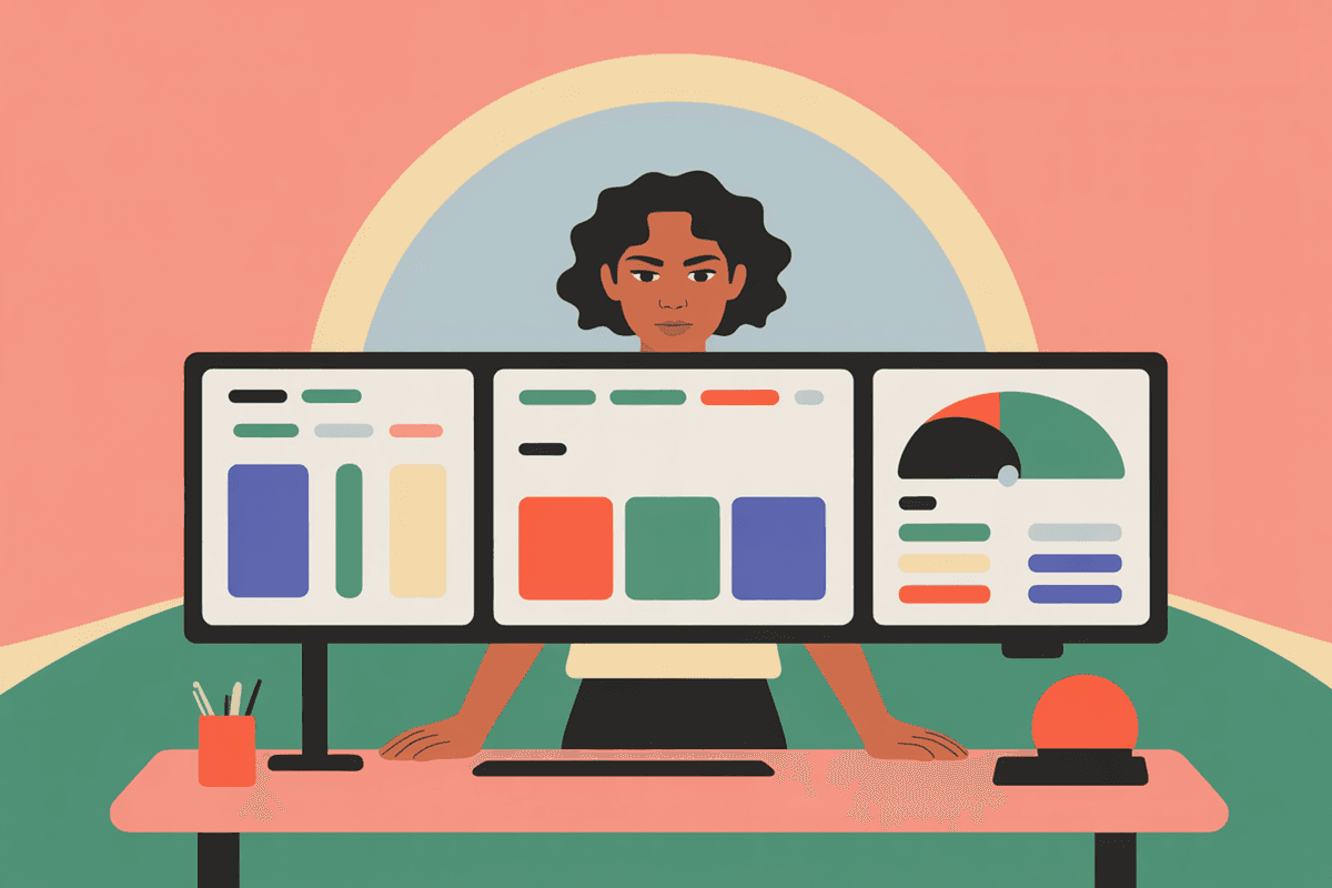 Professional woman reviewing software analytics at standing desk with dual monitors in bright modern office