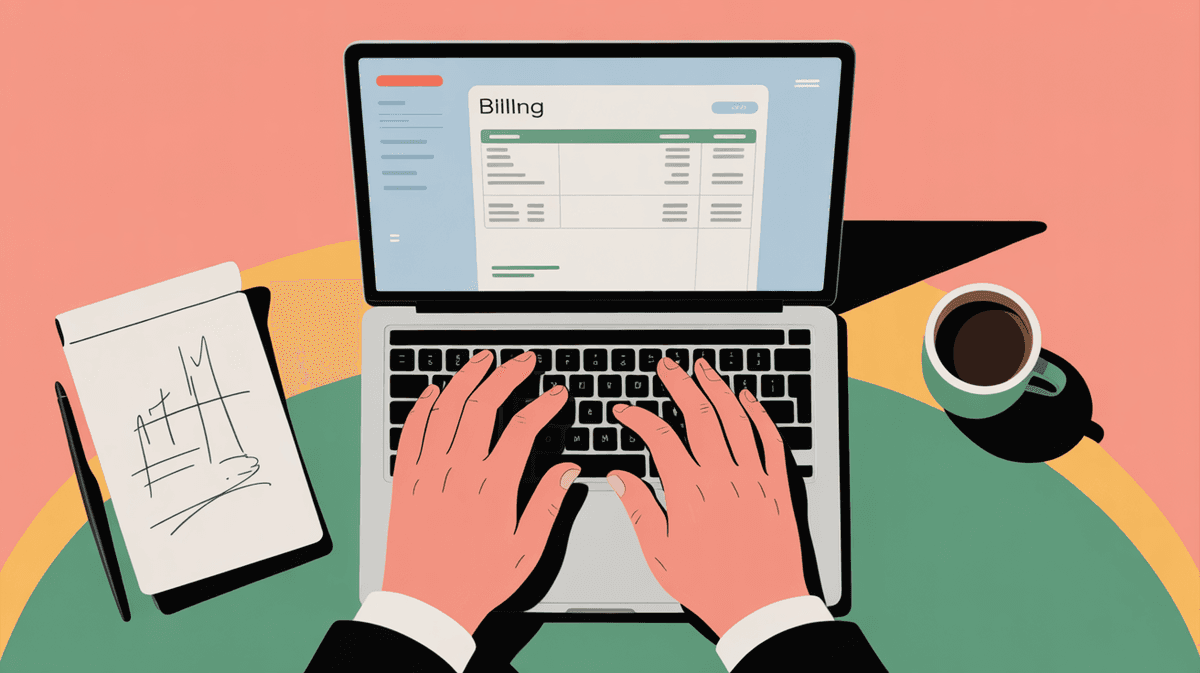 Close-up of hands working on laptop with billing software interface, coffee cup nearby in natural morning light
