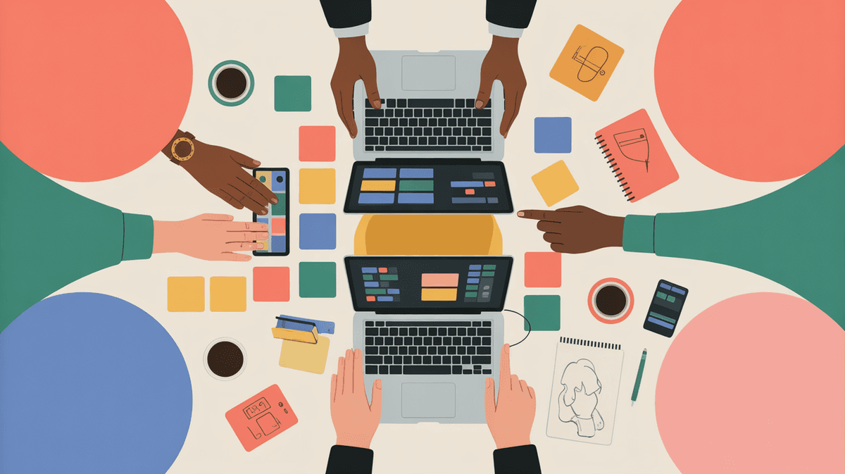 Overhead view of collaborative workspace with multiple people working on integrated software systems