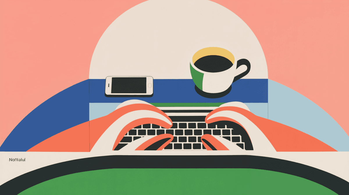 Close-up of hands typing on laptop keyboard in natural morning light with coffee nearby