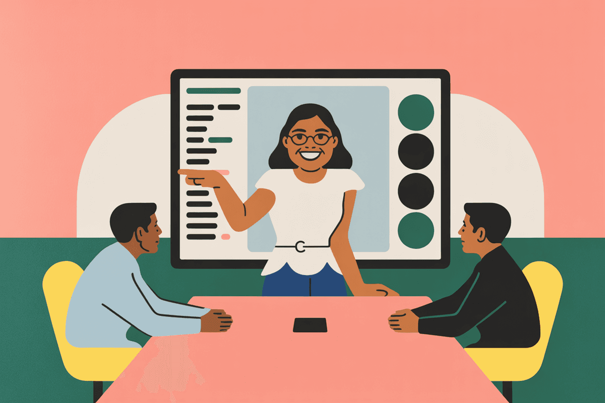 Professional woman presenting to engaged colleagues in modern conference room