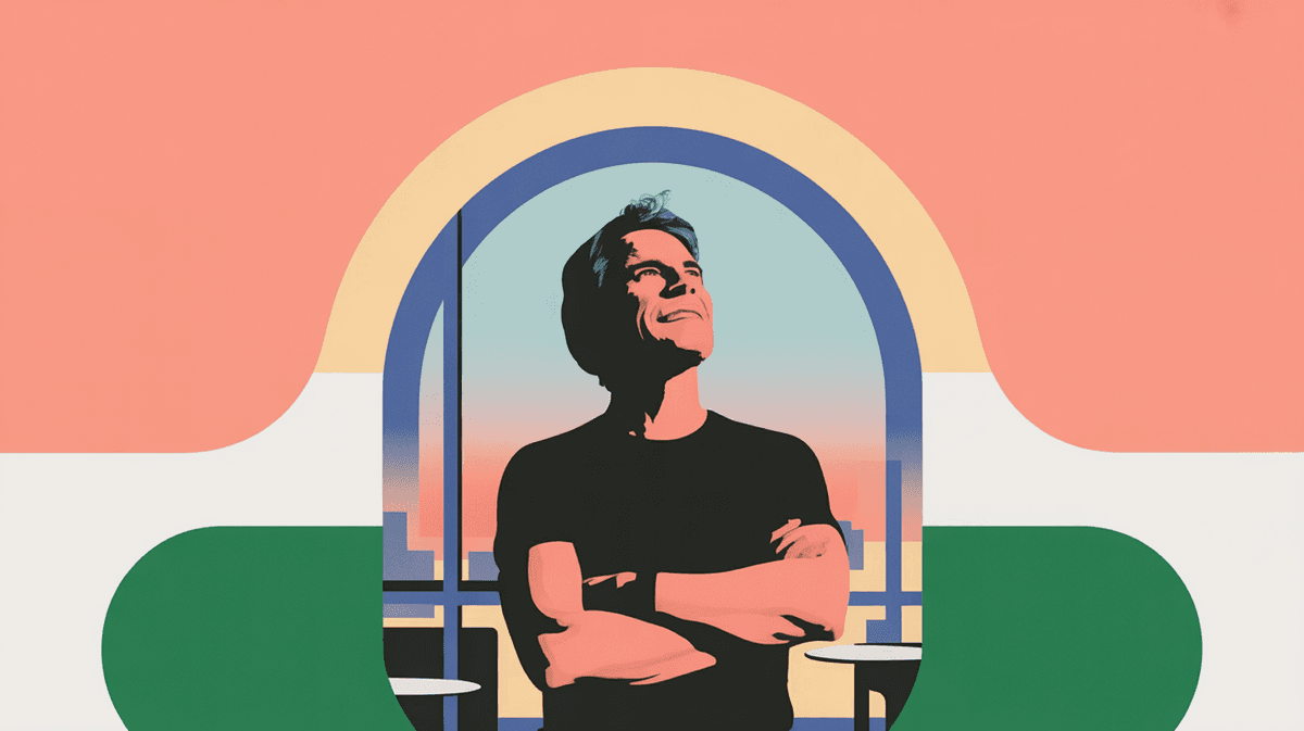 Experienced SaaS founder standing confidently by window with city view, natural backlighting creating professional silhouette
