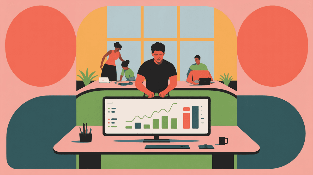 Modern SaaS workspace with founder reviewing business metrics on large monitor while team collaborates in bright, naturally-lit office