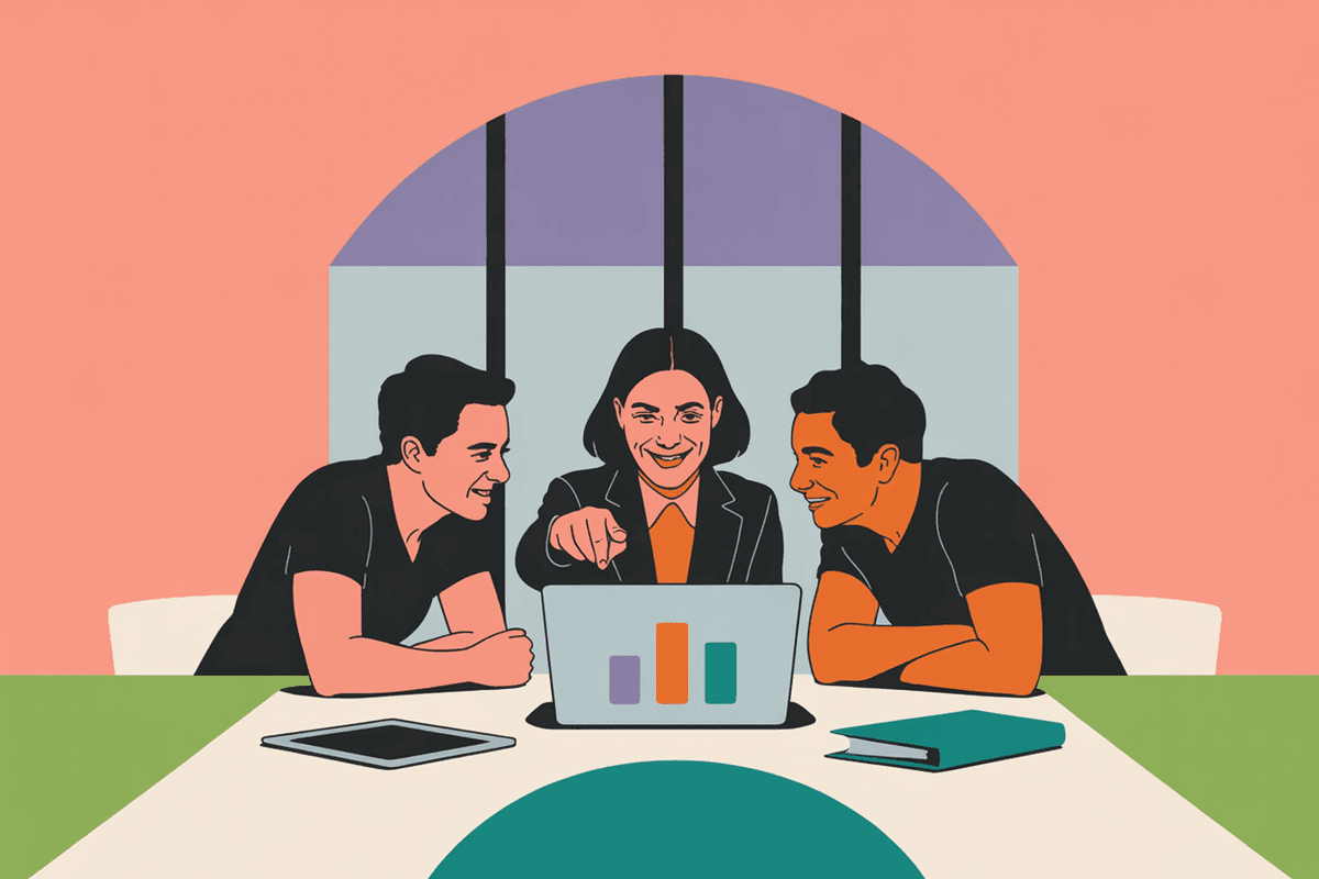 Three founders at conference table collaboratively reviewing growth strategy on laptop in naturally-lit office