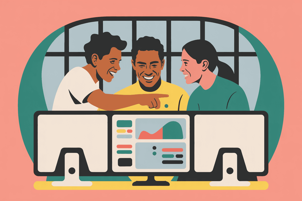 Team of three professionals collaborating around computer monitors discussing AI strategy in modern office