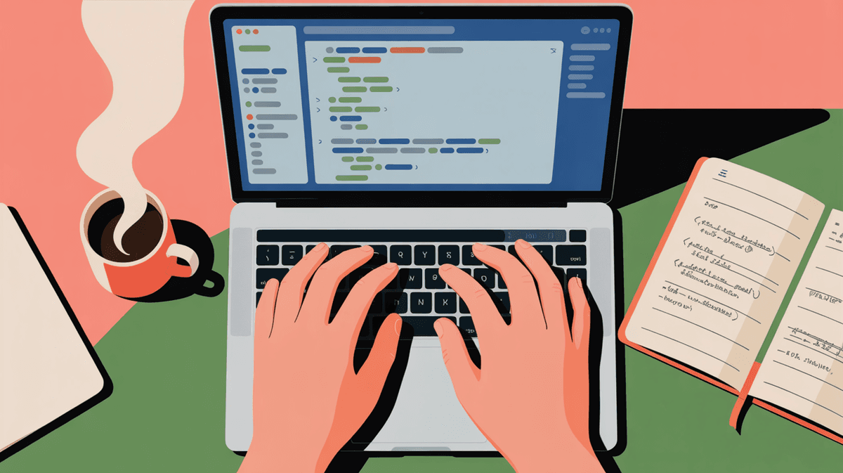 Overhead view of developer's hands typing code on laptop with coffee nearby in natural workspace lighting
