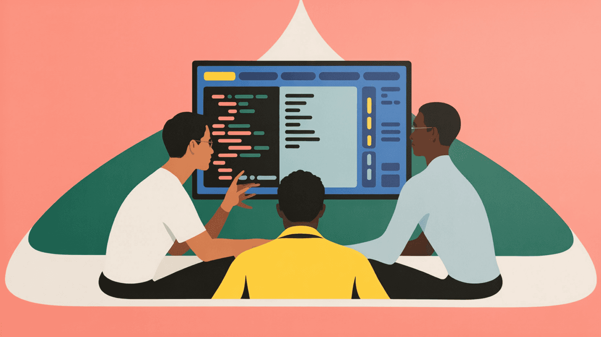 Three professionals collaborating in a modern tech workspace with natural lighting and code displayed on a large monitor