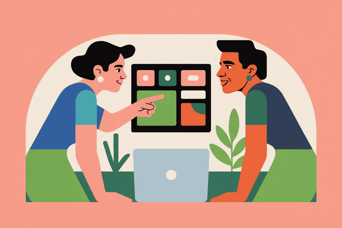 Two professionals engaged in collaborative discussion over laptop interface mockups at a standing desk