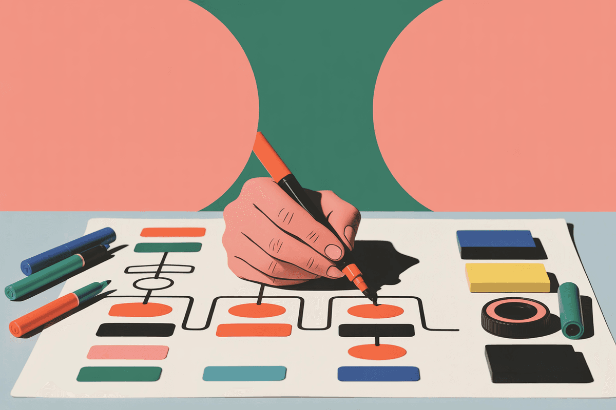 Close-up of hands sketching workflow diagrams with colored markers on paper during product planning session