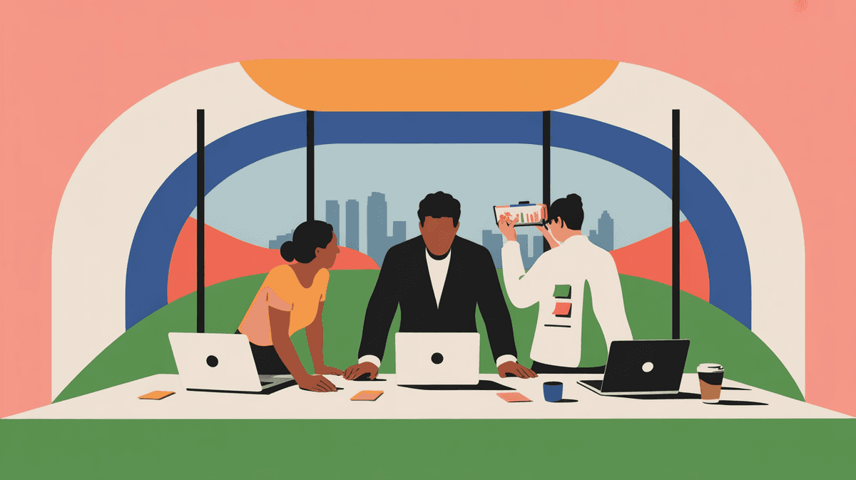 Modern startup office with entrepreneurs collaborating at standing desk near large windows with city views during golden hour
