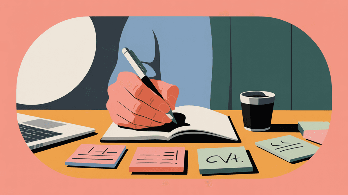 Overhead view of hands writing notes in a journal with laptop and coffee on wooden desk