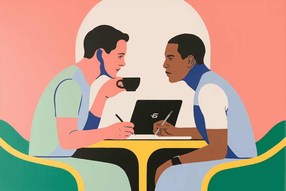 Two professionals having a focused conversation over coffee and laptop in a bright cafe