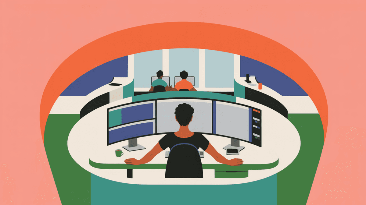 Entrepreneur working at standing desk in bright modern coworking space with multiple monitors and natural lighting