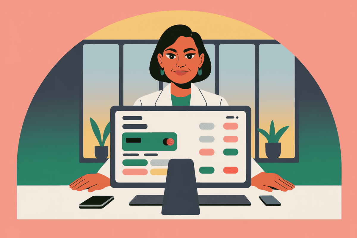 Professional woman standing at desk reviewing business metrics on monitor with confident expression