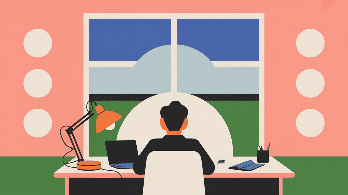 Entrepreneur working thoughtfully at minimalist desk during evening hours with natural and lamp light