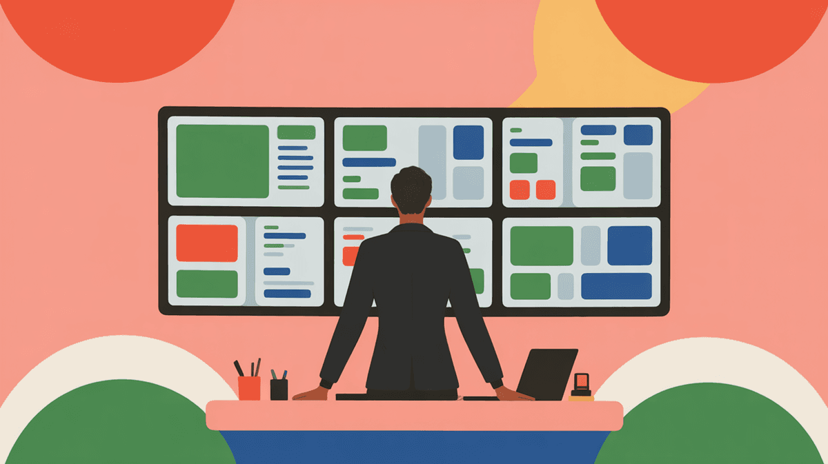 Entrepreneur working at standing desk with multiple monitors in bright modern office space, reviewing software interfaces
