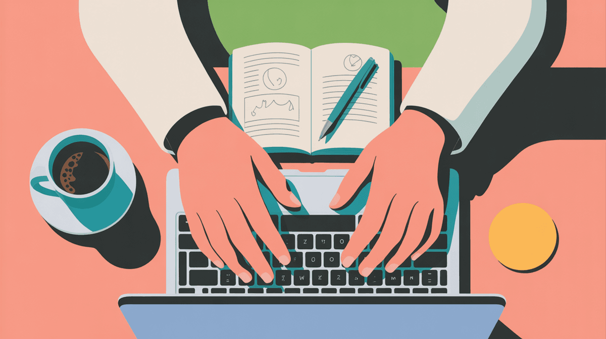 Overhead close-up of hands typing on laptop with coffee and notebook on wooden desk in natural morning light
