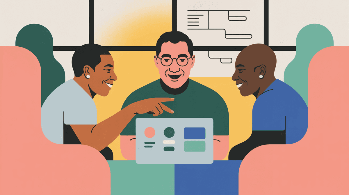 Team of professionals collaborating around laptop in bright workspace, representing the quick implementation and adoption of vertical SaaS solutions