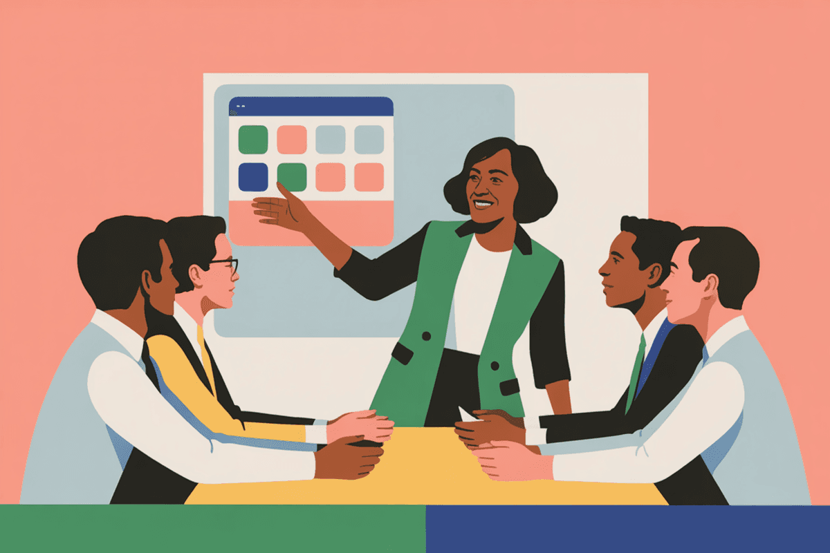 Professional presenting implementation strategy to engaged team in modern office