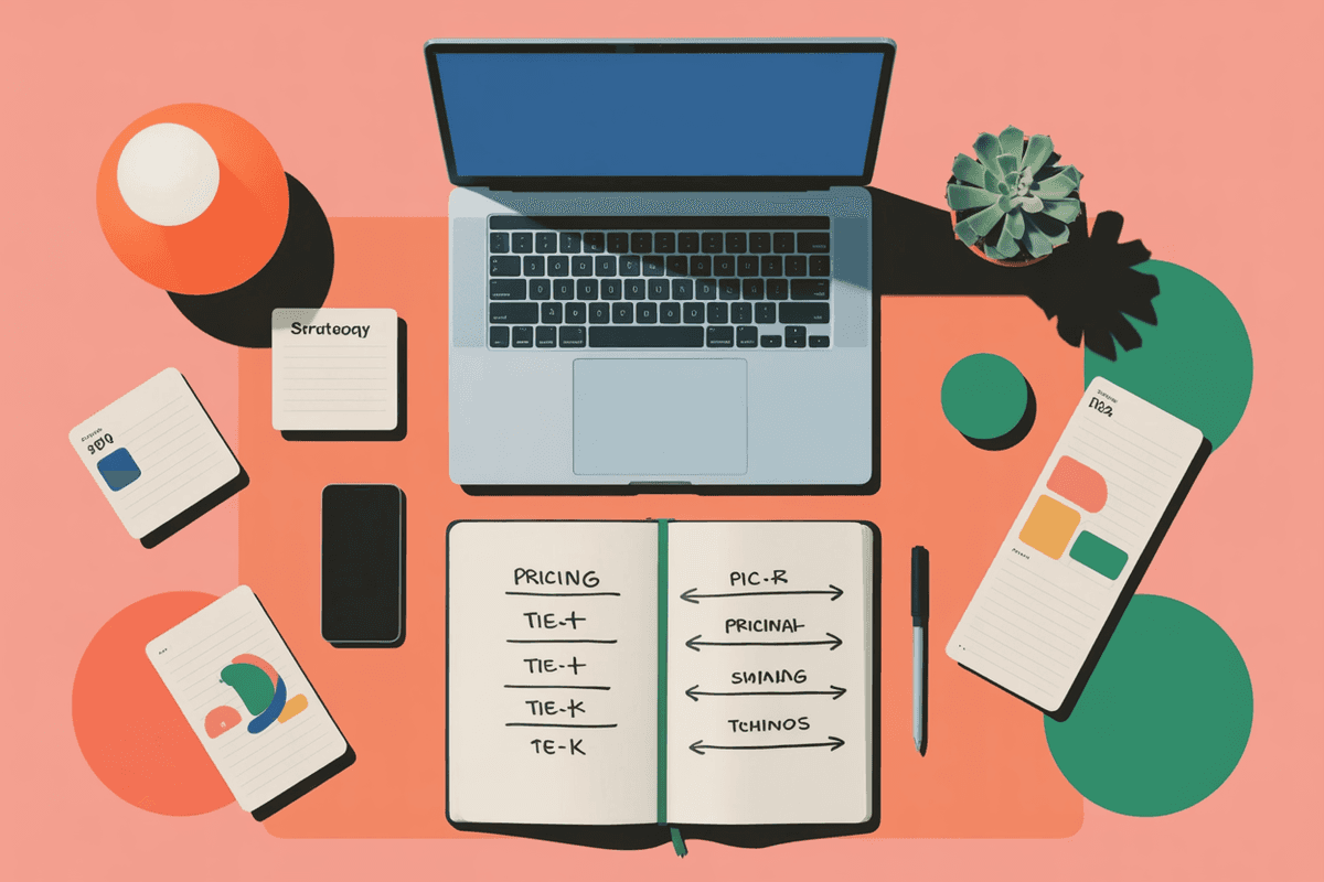 Overhead view of strategic planning workspace with notes and laptop