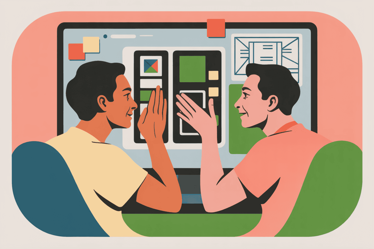 Designer and developer collaborating on interface design at a workstation with mockups visible on screen