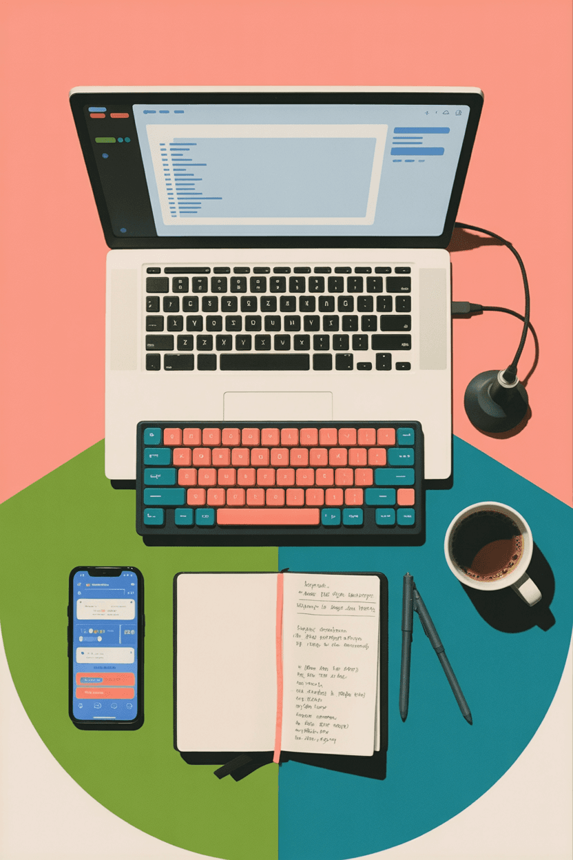 Overhead view of organized developer workspace with laptop, phone, keyboard, and coffee showing a focused technical work environment