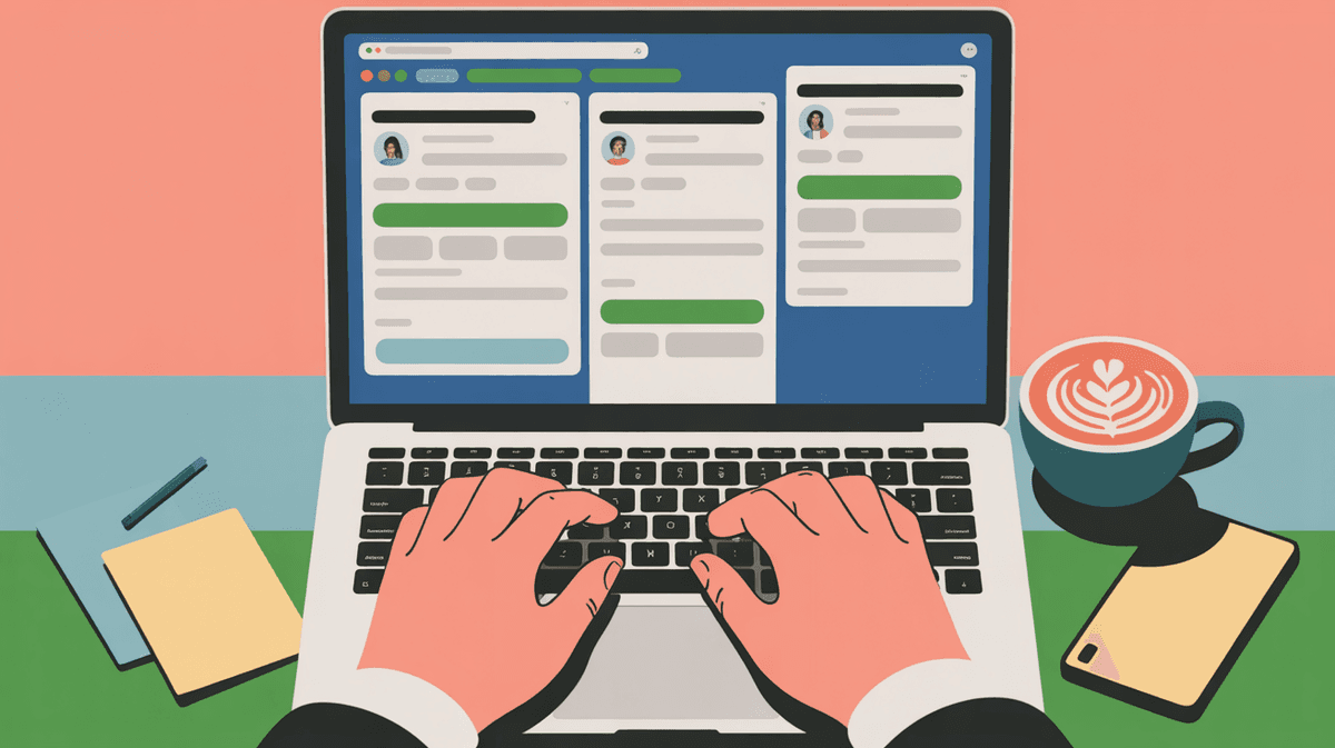 Close-up of hands working on laptop showing multitasking between multiple applications and candidate information