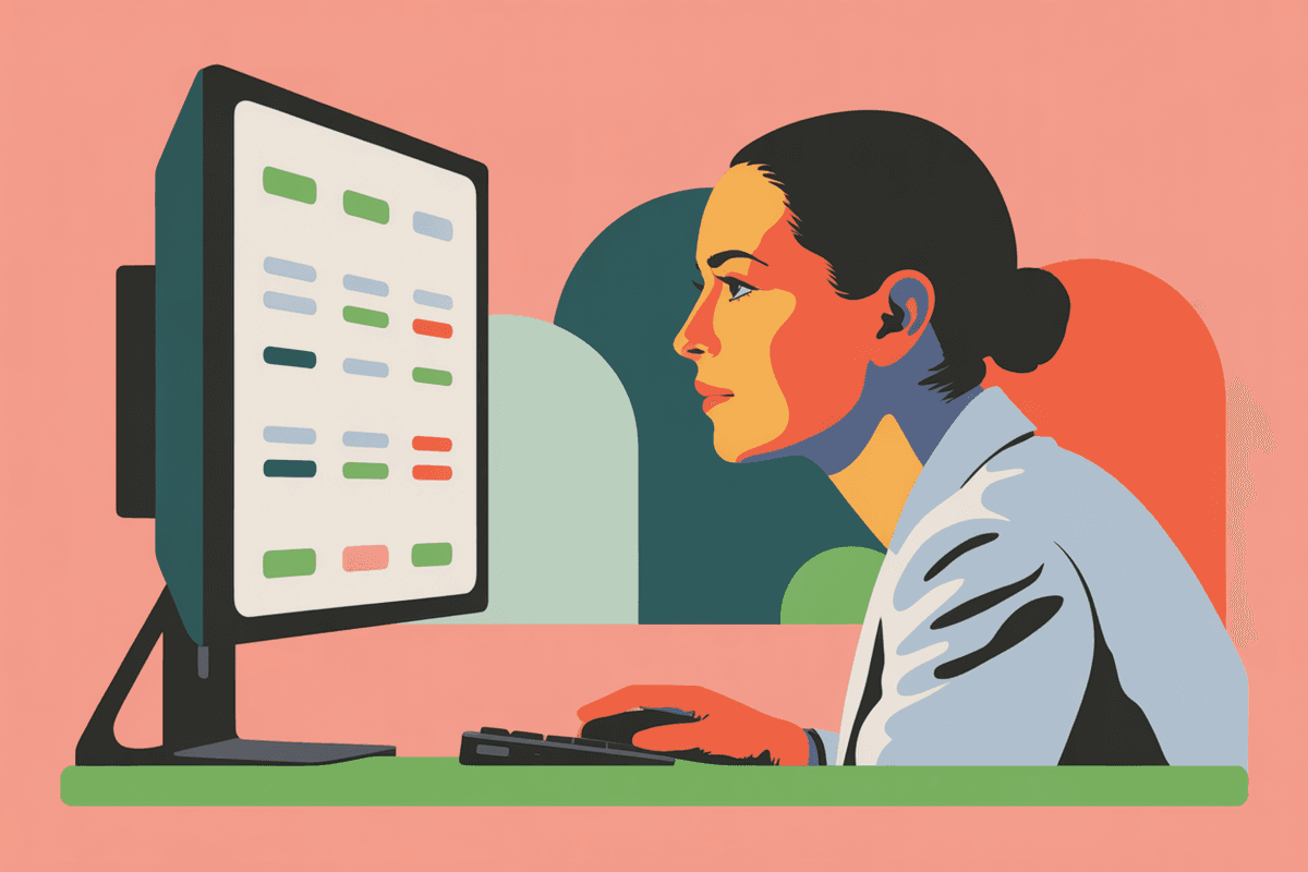 Female entrepreneur in profile reviewing data on monitor with natural window lighting