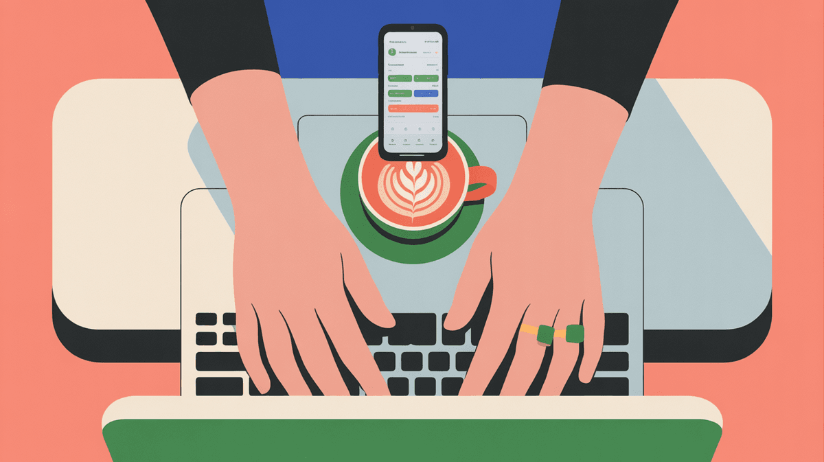 Overhead view of hands typing on laptop with coffee and phone on wooden desk in morning light