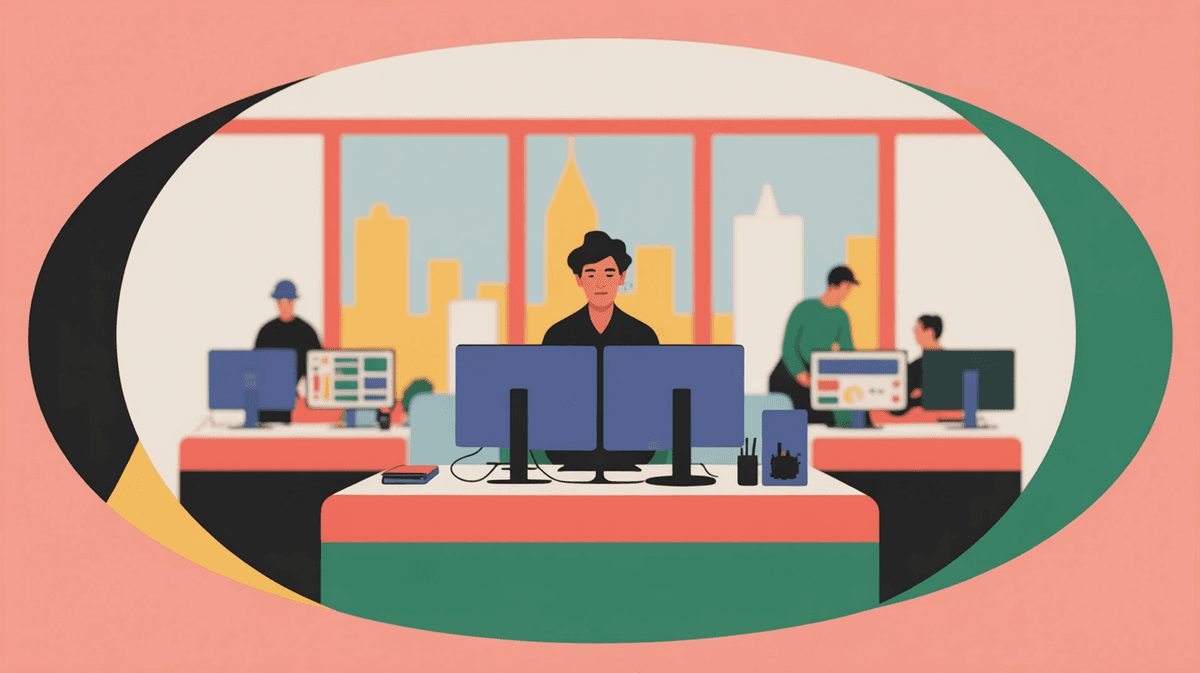 Modern startup office with entrepreneur working at standing desk near windows, natural light, minimalist design