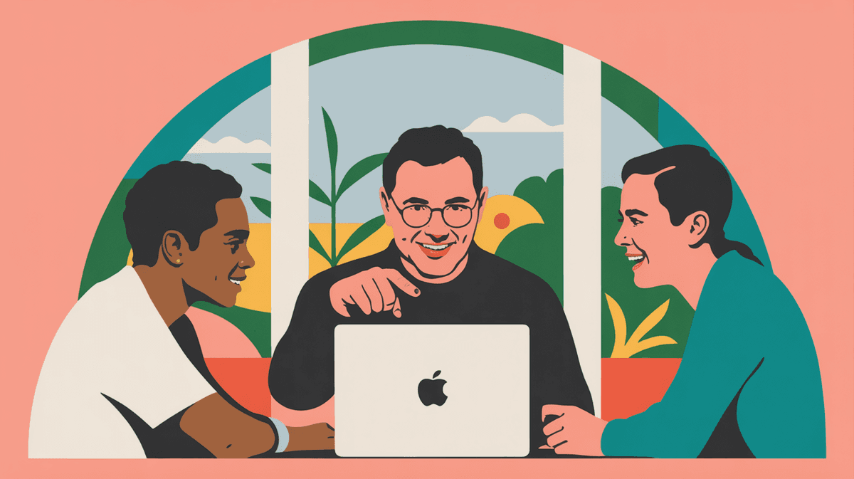 Three professionals collaborating around laptop in modern coworking space with natural light