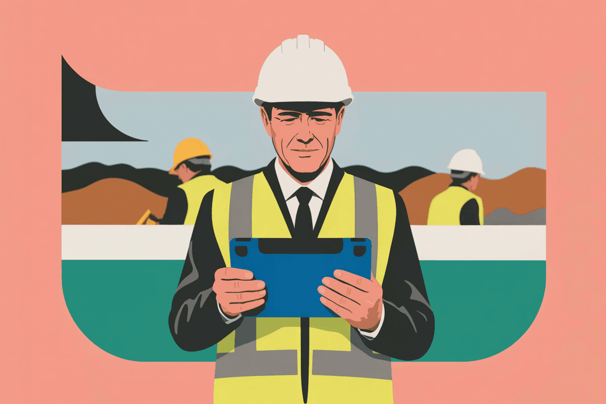 Construction manager reviewing digital project plans on tablet at job site