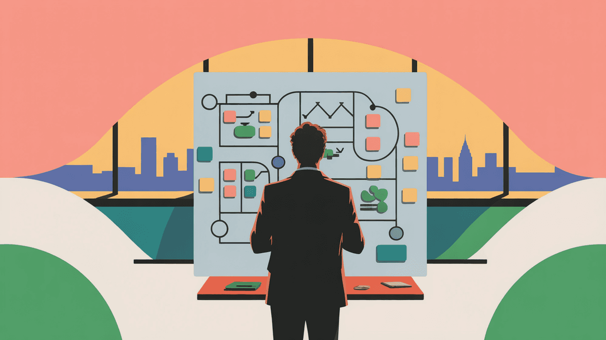 Software entrepreneur planning vertical SaaS strategy at whiteboard during golden hour