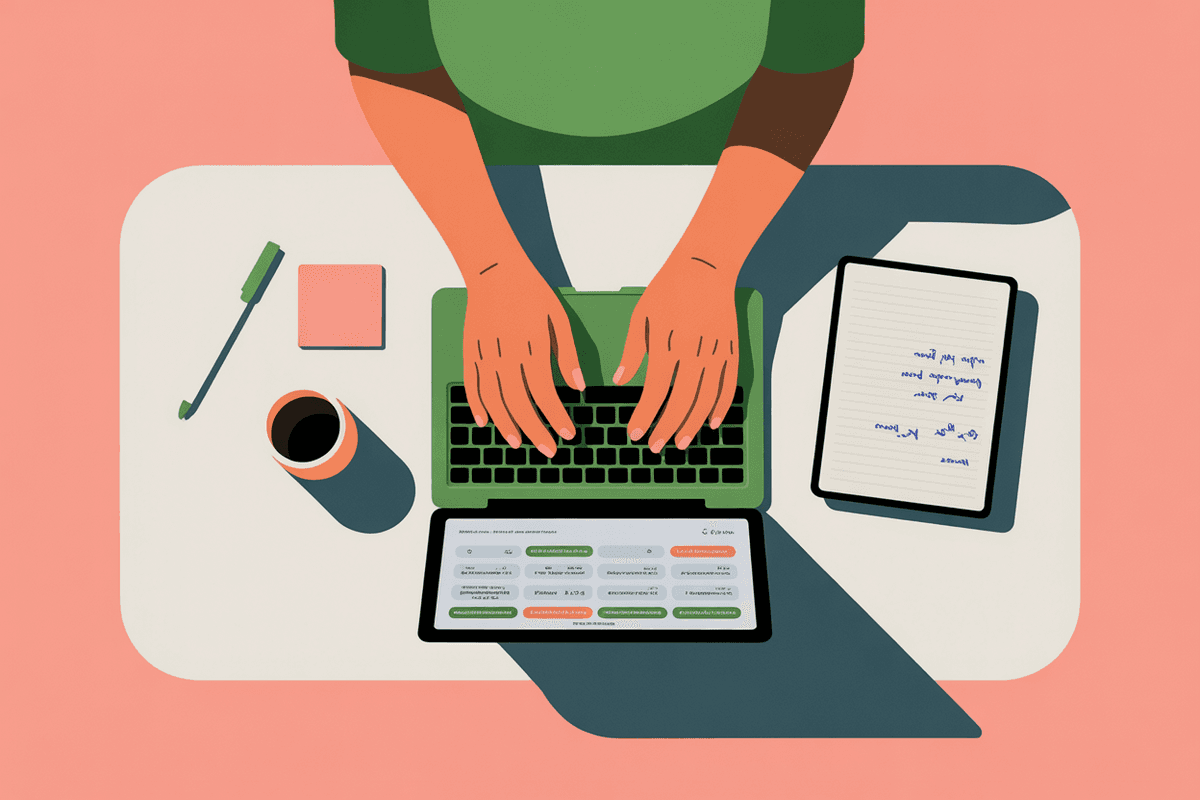 Overhead view of healthcare professional's workspace with laptop and medical reference materials