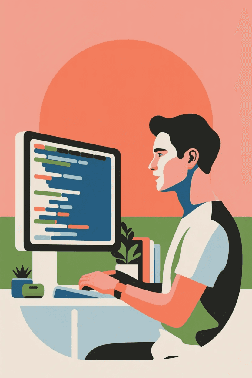 Developer in profile working intently at standing desk during golden hour with warm and cool lighting creating atmospheric workspace